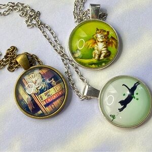 Glass Dome Cat Necklaces Lot of Three Crazy Cat Lady